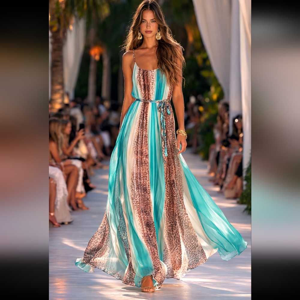 charlie jade Silk Turquoise Teal Brown Animal Print Belt Maxi Dress Size Small